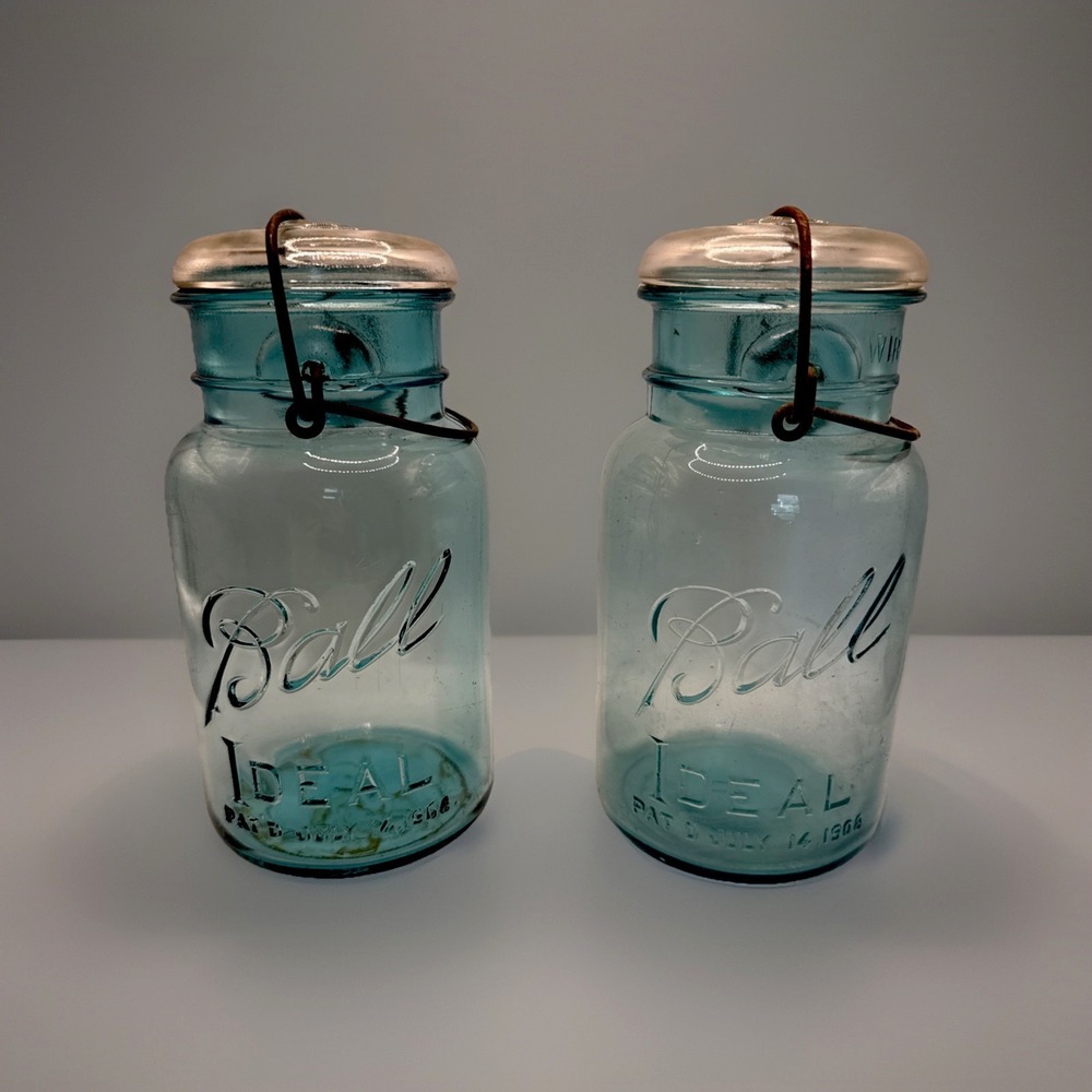 Set of 2 Ball Antique IDEAL Qt Blue Glass Mason Jars Wire Bales Lids
